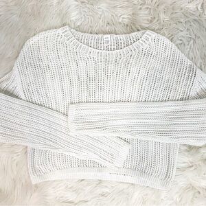 FULL TILT WHITE OPEN WEAVE CROCHET LONG SLEEVE PULLOVER CROP SWEATER MEDIUM